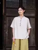 Roupas Femininas de Algodão e Linho 26 Novos Estilos Retro Chinês Fino Tencel Linho Gola Alta Cor Contrastante Botões Camisa Blusa de Manga Curta Camiseta Feminina