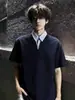 Camiseta masculina de manga curta com gola de camisa falsa de duas peças, tendência de verão, marca de alta qualidade, gola polo, bonita, solta, fresca, meia-manga