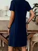 Vestido midi casual de estilo europeo y americano 2026, con cuello en V y cuello redondo, mangas acampanadas, corte A holgado, ropa para mujer de talla grande