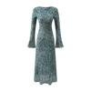Vestido Estampado Elegante Francés de Cuello Redondo y Mangas Campana 2025 Otoño Nuevo Aspecto Adelgazante en la Cintura Falda Larga de Corte A