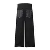 Calça Jeans Wide-Leg Masculina com Bolsos em Couro Patchwork Decorados com Botões, Novo Estilo Primavera, Estilo Minimalista de Alto Padrão, Calça Longa Casual Solta para Mulheres