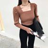 Suéter de cuello cuadrado pequeño estilo coreano con mangas abullonadas para usar debajo, suéter interior de manga larga ajustado y adelgazante estilo coreano a la moda para mujer