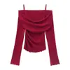 Falso Duas Peças Início do Outono Doce Base Madeira Borda Orelha de Pau Gola Rodada Top de Nicho Camiseta Slim Fit Feminino Design de Ombro