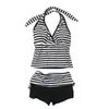 Conjunto de bikini de verano nuevo para mujer, con estampado de rayas retro personalizado transfronterizo INS europeo y americano, sexy de cuello halter en V