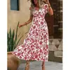2026 Amazon Aliexpress Vestido Nuevo de Cuello en V con Estampado Floral, Mangas Acampanadas y Cintura Ajustada, de Longitud Media