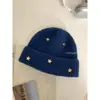 Touca de lã tricotada em três dimensões com estrela dupla para mulheres, gorro quente com bordas dobradas
