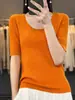 Camiseta de punto fina de manga corta para mujer, color liso a rayas, cuello en U, lana peinada, capa base, manga media, adelgazante, para ir al trabajo, primavera y verano