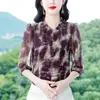 Foto Real de la Nueva Camisa Estampada de Verano 2025 Estilo Francés que Reduce la Edad con Mangas Tres Cuartos para Mujer, Talla Grande y Estilo Occidental