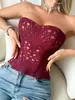 Europeo y Americano Nuevo Bohemio Hueco Estampado Bandeau Corsé Encaje de Flor sin Tirantes Ballena de Pescado Ajustado Body Mujer