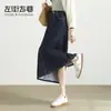 Saia Jeans Azul Denim para Mulheres, Estilo Verão Fino, Novo Modelo 2025, Cintura Alta, Emagrecedora, Comprimento Médio, Saia com Fenda nas Costas