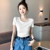 T-shirt Feminina Personalizada de Algodão Puro Manga Curta Ombro Direito Verão 2025 Slim Simples Slim Cor Pura Gola Redonda Para Usar Por Baixo Processamento OEM