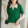 Salida de Liquidación Mostrador Retira Suéter de Hilo de Seda de Hielo Holgado con Cuello de Marca para Mujer, Elegante Camiseta de Manga Corta de Verano