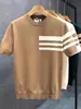 Nueva camiseta de punto de manga corta para hombre de verano, a rayas, simple, business casual, corte ajustado, camiseta de seda helada, venta al por mayor transfronteriza
