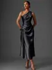 Vestido europeo de satén plisado de un solo hombro para mujer, de cintura alta con drapeado lateral, largo, para banquetes y ropa de noche