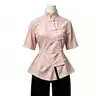 Novo top estilo chinês com gola alta e mangas curtas para mulheres com botões, acinturado, carcela diagonal, camisa cheongsam modificada, vestimenta tradicional chinesa Zen para chá