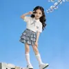Conjunto de Roupa de Verão para Meninas Manga Curta Conjunto de Saia Doce Versátil Estilo Escolar para Meninas Gola POLO Saia Xadrez