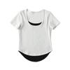 Roupas femininas estilo europeu e americano costura de cores contrastantes falso duas peças manga curta moda dobra gola redonda profunda camiseta popular online top