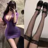 Falda Morada Sexy de Encaje para Discoteca Ajustada al Cuerpo Lencería Sexy Push-Up Traje de Juego de Secretaria Ol No Necesita Quitarse Camisa de Tentación