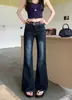 Tiro real chica americana picante retro azul jeans micro-campana mujer tiro bajo corte ajustado favorecedor desgastados pantalones largos pantalones de pierna ancha