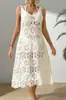 Vestido de Tirantes Tejido de Crochet Francés con Escote en V Calado para Mujer Verano Suelto Falda Larga Casual Elegante Ropa Exterior para Mujer