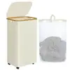 Cesto de Roupa Suja Transfronteiriço com Rodas Dobrável Estrutura de Bambu Cesto de Armazenamento de Roupas Diversas Cesto de Roupa Suja 100L Portátil para Casa