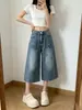 Jeans Cropped Vintage Bordado com Tema de Carpa da Moda para Mulheres, Shorts Largos Retos de Cintura Alta Finos de Verão