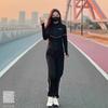 Traje deportivo para correr 2025 primavera y otoño nuevo negro cuello alto suéter cárdigan holgado de dos piezas ropa de mujer