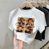 Camiseta de manga corta con hombros descubiertos y estampado estilo americano para mujer, diseño de verano, estilo nicho.