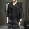 Camiseta fina de verão soltinha estilo chinês, com mangas de três quartos em jacquard, toque gelado de seda gelo, com estampa de dragão, camiseta masculina estilo antigo Hanfu tradicional