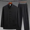 Traje Estilo Chinês Tang para Homens, Meia-Idade e Idosos, Conjunto de Manga Longa, Bordado em Seda Gelada para Primavera e Outono, Roupa de Pai, Conjunto de Duas Peças Hanfu de Vovô
