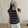 Camiseta de Manga Corta a Rayas Estilo Coreano para Mujer, Delgada y Elegante de Verano, Top de Punto de Seda Helada Reductor de Edad con Cuello Redondo