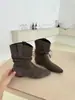 Botas de gamuza plisadas estilo francés de tobillo ancho con tacón grueso hasta la pantorrilla para mujer, botas Martin vintage estilo western para otoño e invierno para uso en exteriores