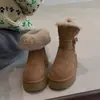 Primer Encuentro Ji Botas de Nieve con Suela Gruesa y Hebilla para Mujer 2026 Invierno Gris Más Terciopelo Cálido de Media Pantorrilla Botas de Algodón Cortas de Algodón
