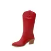 32 Botas de Cuero Tacones Altos Botas Chelsea Gruesas Nuevas para Mujer Comercio Exterior Cabeza Redonda Botas de Jinete Manga Étnica Bordado Blanco