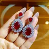 Pendientes de Zirconia de Color Ovalada de Rubí Geométrico de Lujo Ligero Pendientes Europeos y Americanos Pesados para Banquetes Pendientes Largos de Gama Alta