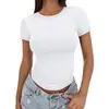 2025 Transfronterizo Casual Verano Versátil Ajustado Cuello Redondo Alto Camiseta Manga Corta Delgado Chica Caliente Tops Europeos y Americanos Efecto Adelgazante