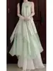 Vestido Largo de Falda sin Mangas con Cuello Halter Estilo Dulce Francés Nuevo de Verano con Encaje Adelgazante y Flores para Mujer