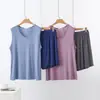 Conjunto de dos piezas para mujer de modal con cuello en V, top sin mangas y shorts, fino de verano, talla grande, nuevo, holgado, conjunto para casa