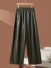 Foto real de los nuevos pantalones de cuero casual de cintura alta para adelgazar de otoño e invierno, pantalones de cuero suave de moda geniales para abuela, pantalones de pierna ancha tipo globo, pantalones para botas