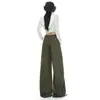 Jeans Lavado Verde Militar de Cintura Alta com Corte Wide-Leg Feminino Outono 2026 Novo Casual Solto Drapeado Calça Banana