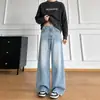 Bigotes de Gato Azul Hielo Desgastados Versátiles Pantalones Largos de Pareja Silueta Holgada Jeans de Pierna Ancha Hombres Mujeres