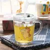 Copo de Palha Infantil com Alça Graduada, Copo para Bebida de Suco, Copo para Leite de Café da Manhã, Copo Duplo de Desenho Animado, Copo de Vidro