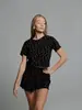 Ropa de Casa Cruzada Europea y Americana Estampada Casual Estilo Europeo y Americano Manga Corta Pantalones Cortos Conjunto de Dos Piezas Pijama para Mujer
