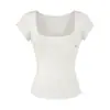 Blusa Casual Slim Fit de Primavera e Verão, Camiseta Básica Slimming de Ombro Normal, Camiseta de Manga Curta Levemente Transparente em Tencel com Gola U Grande para Mulheres