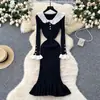 Vestido Retrô Francês com Gola Boneca e Manga Sino Slim para Mulheres Outono Cintura Afinando Visual Elegante Saia de Tricô Franzida