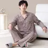 Pijama de Talla Grande para Hombre Primavera y Otoño Algodón Puro Casual Holgado Cuello de Solapa Manga Larga Adolescentes Pueden Usar Ropa de Casa para Salir Conjunto