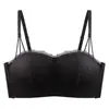Ropa Interior Femenina con Adorno de Encaje Color Durazno Copa Palma Sexy Sin Tirantes Reúne Levanta Busto Pequeño Anticaída Sujetador de Moda