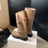 Botas de jinete de gamuza para mujer con hebilla de cinturón, botas largas de caña alta, nuevo estilo, punta redonda, tacón medio, pierna ancha, slip-on, pierna recta, botas apiladas
