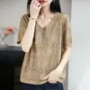 Top de punto para mujer de manga corta con cuello en V y hilo de colores 2026 Primavera/Verano Nuevo Calado Holgado Jersey Camiseta Base Camiseta
