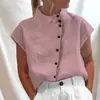 Camisa Casual de Botones de Algodón y Lino con Cuello Mao, Nueva Colección Primavera/Verano 2026 Transfronteriza Europea y Americana, Camisa de Manga Corta Cómoda para Mujer, En Stock